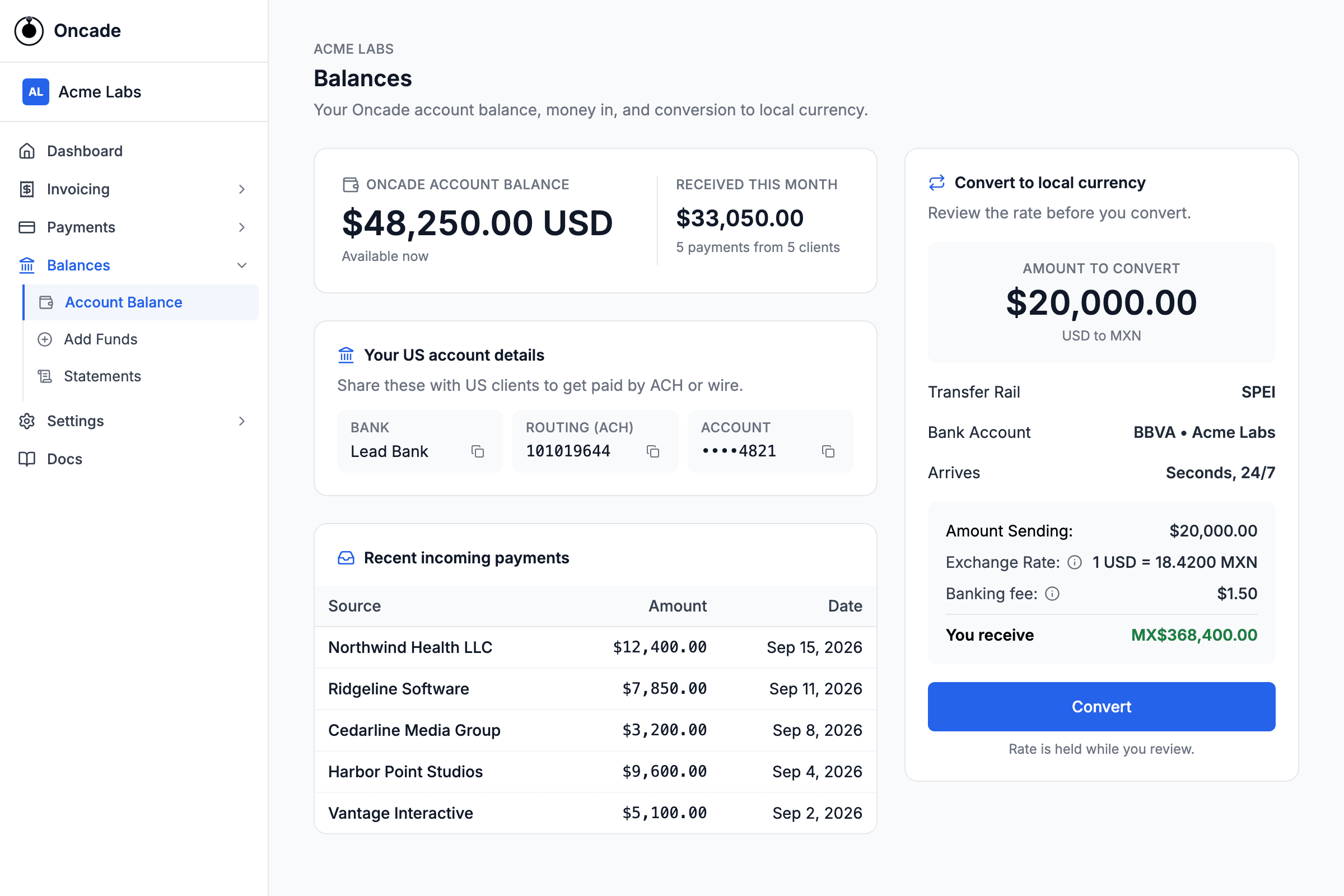 Oncade Account dashboard showing a USD balance and a conversion to pesos with the rate shown before it is confirmed