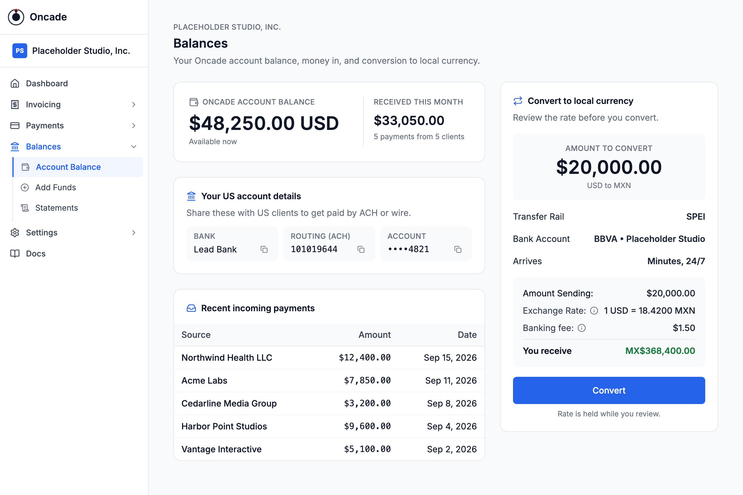 Oncade Account dashboard showing a USD balance and a conversion to pesos with the rate shown before it is confirmed